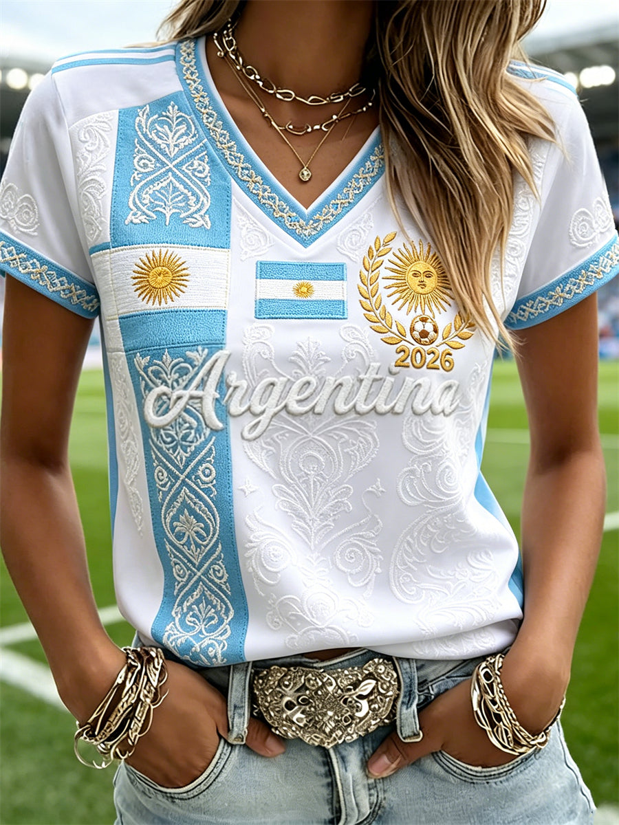 Women's Argentina 2026 Flag Ethnic Colorblock Print Jersey short-sleeved T-shirt