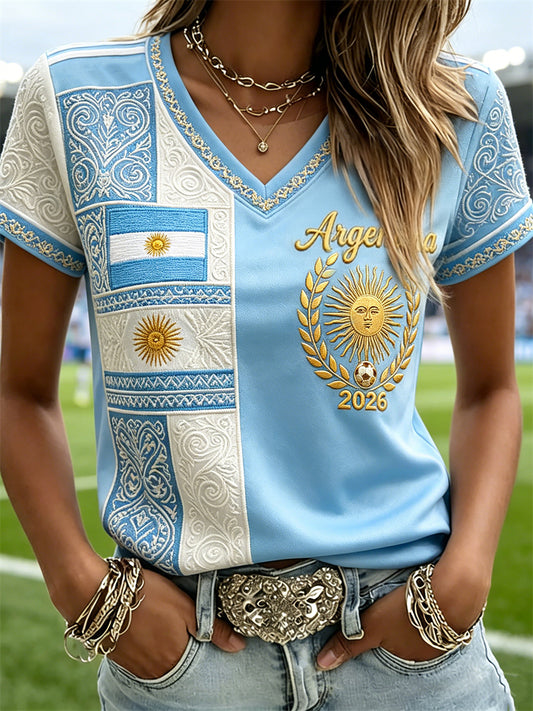 Women's Argentina 2026 Flag Ethnic Colorblock Print Jersey short-sleeved T-shirt