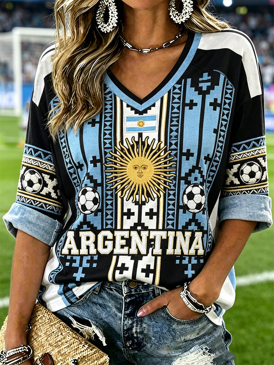 Women's Argentina 2026 Football & Flag Ethnic Print Mid-length Sleeves V-Neck T-Shirt