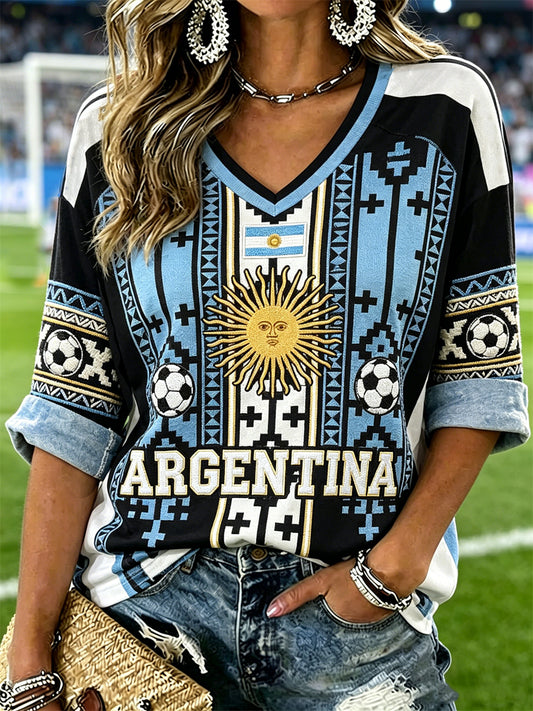 Women's Argentina 2026 Football & Flag Ethnic Print Mid-length Sleeves V-Neck T-Shirt