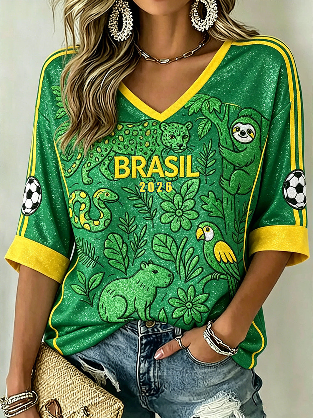 Women's soccer element animal print casual V-neck T-shirt