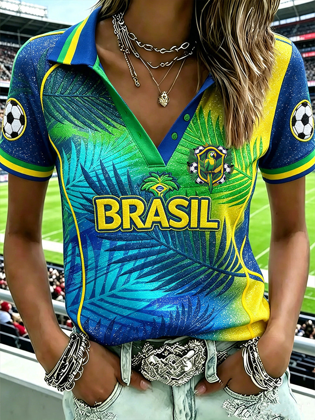 Women's  football element plant print casual sports polo T-shirt