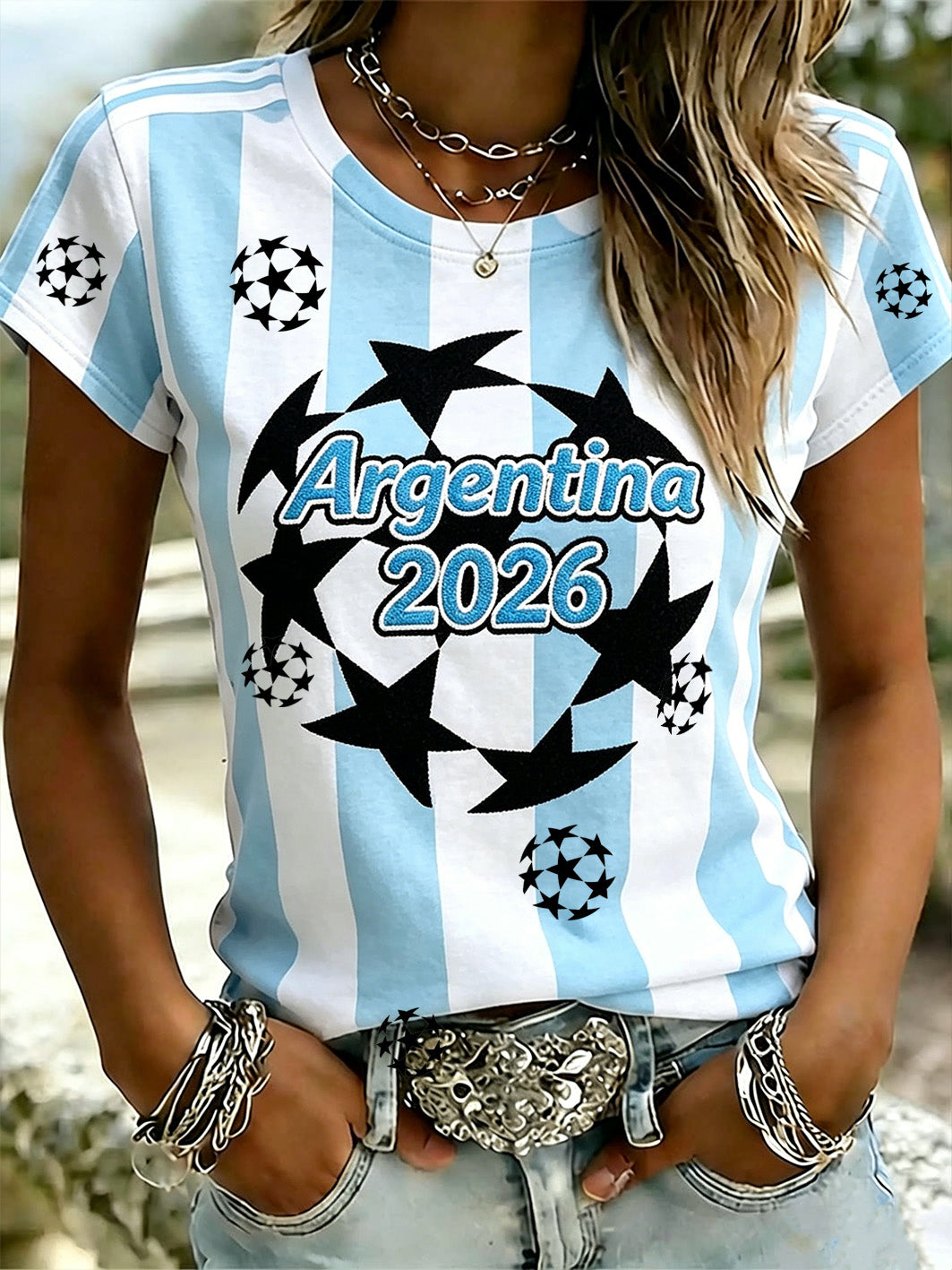 Women's star football team cheering casual short-sleeved T-shirt