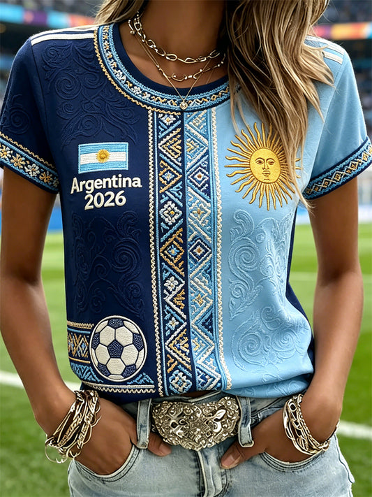 Women's 2026 Argentina Team Flag & Sun Ethnic Contrast Print short-sleeved T-shirt