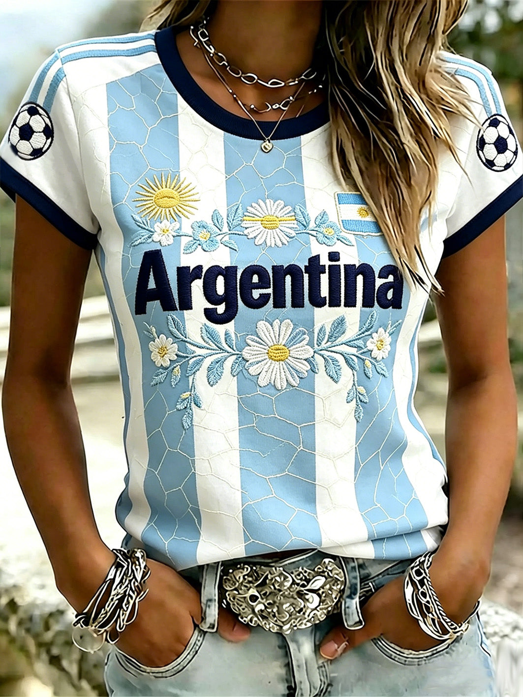 Women's soccer element color-blocking design casual  short-sleeved T-shirt