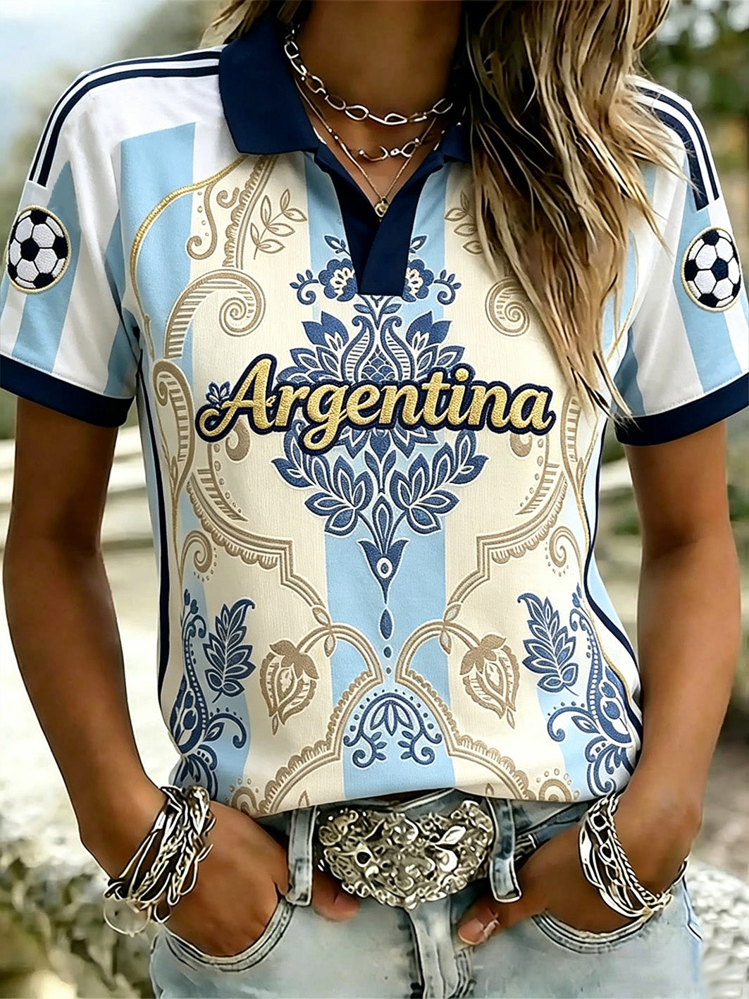 Women's soccer element color-blocking design casual sport polo shirt
