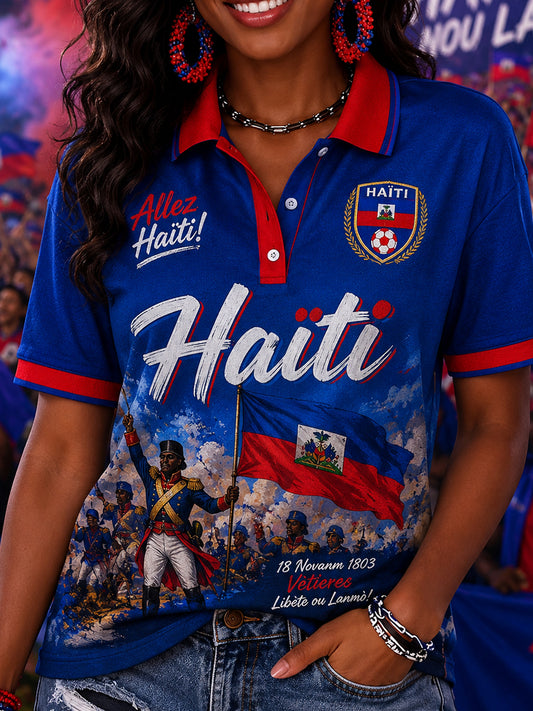 Women's Short-Sleeved Polo Shirt With Football Print