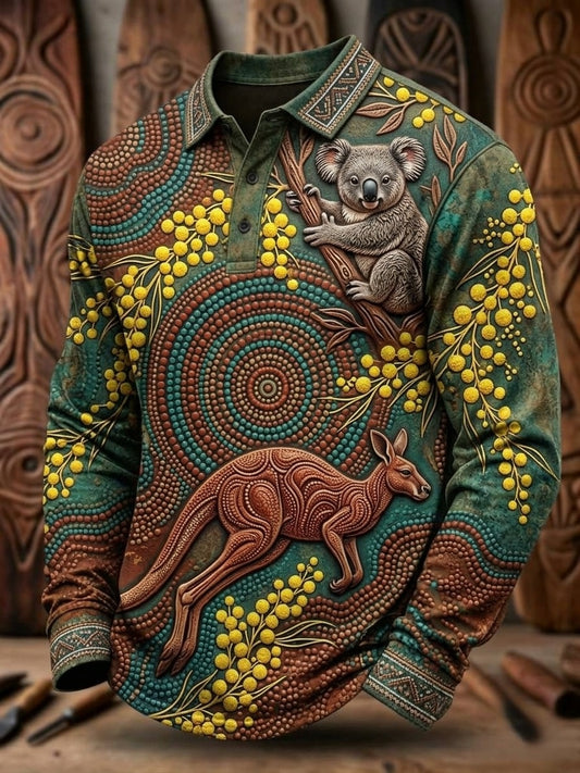 Men's AU Aboriginal Art NAIDOC Week Printed Long-Sleeve Polo Shirt