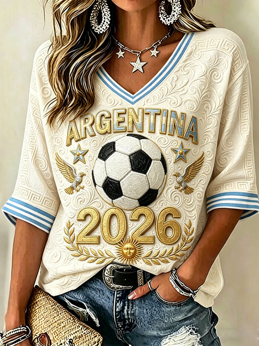 Women's Argentina Football Inspired Print Mid-length Sleeves V-Neck T-Shirt