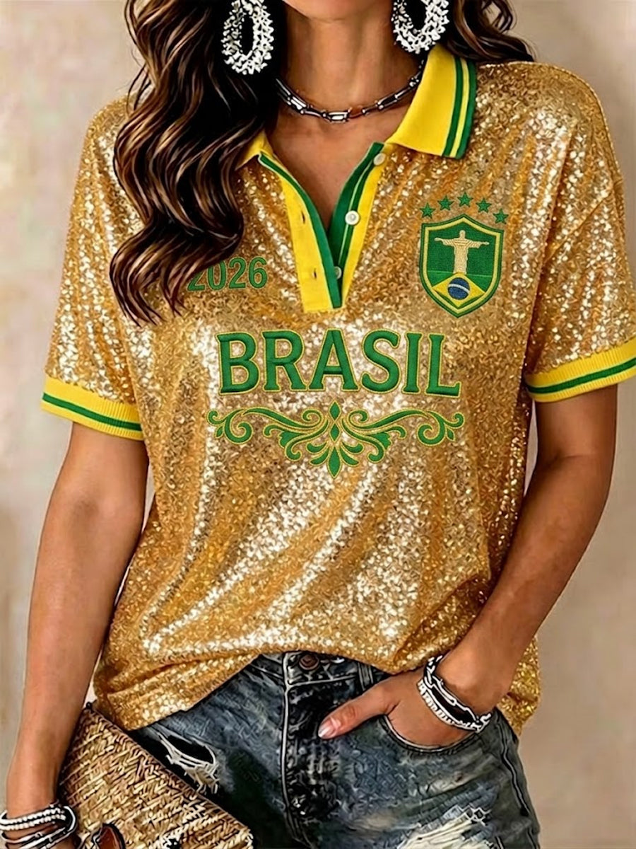 Women's Brazil Football Fan Gift Printed Short Sleeve Top