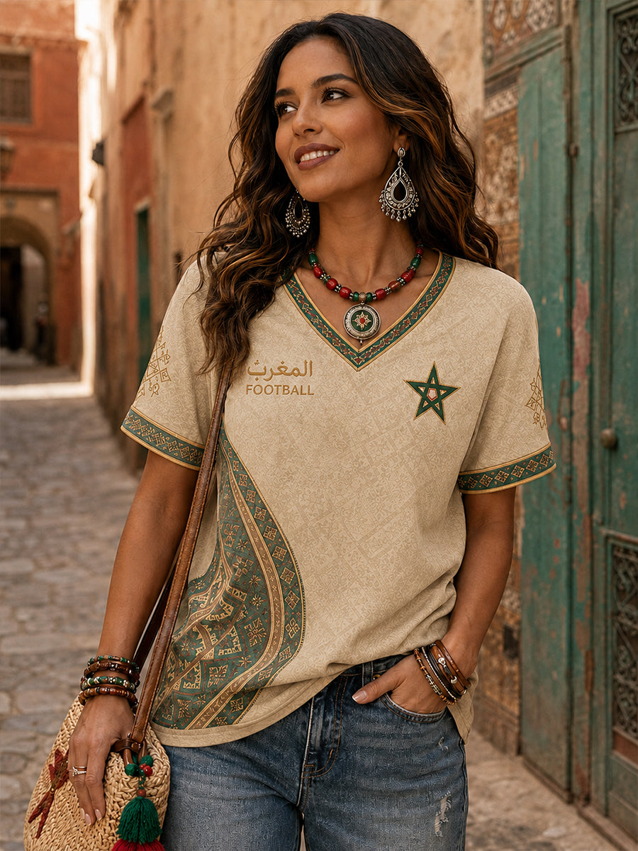Retro Moroccan Football Fan Art Print Casual T-Shirt