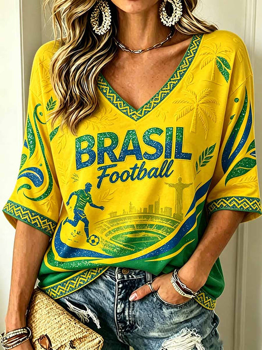 Women's Brazilian Football Match Printed T-Shirt