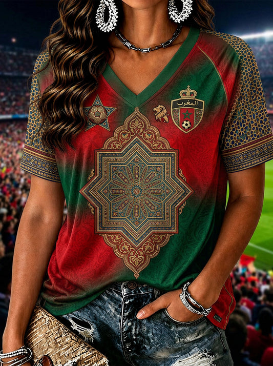 Women's Moroccan Football Fan Casual Printed T-shirt