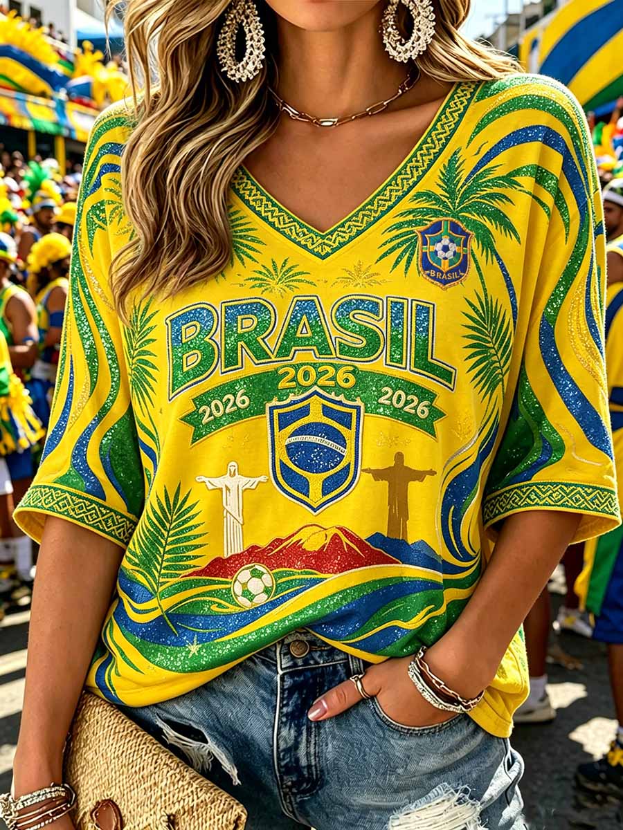 Women's Brazilian Football Match Printed T-Shirt