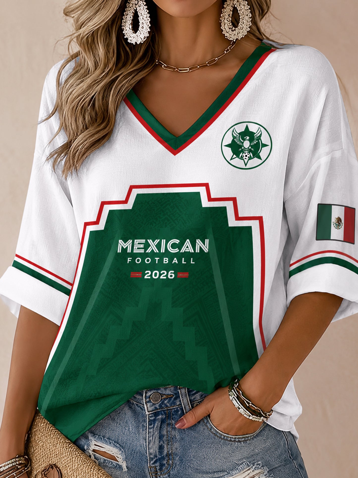 Women's Mexican Football Match Cheering Element Art Print V-Neck Top