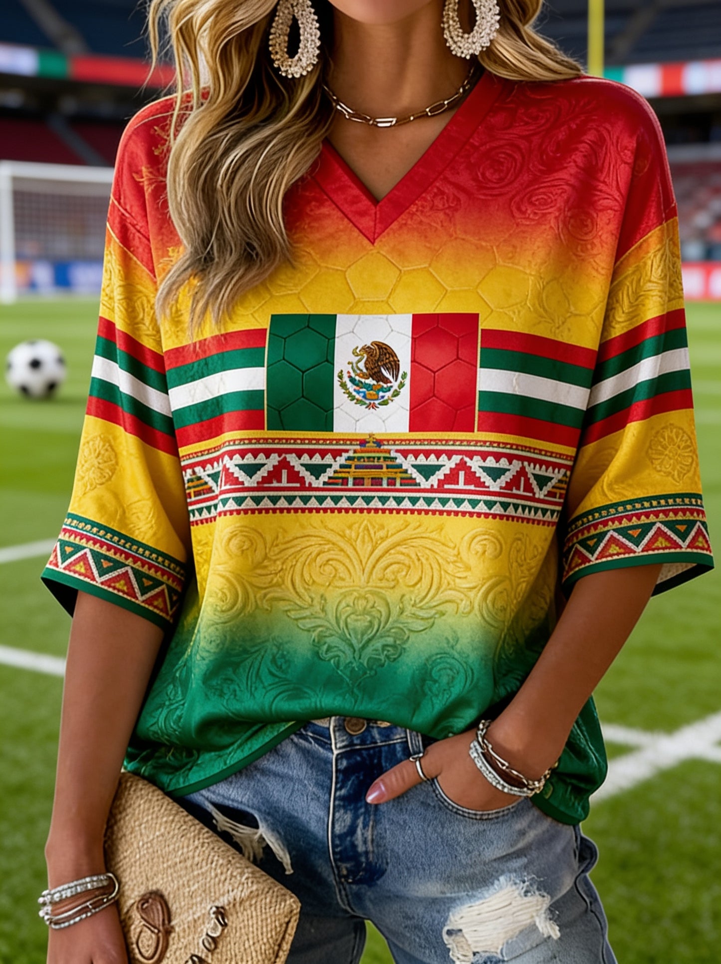 Women's Mexican Football Fan Casual Printed V-Neck T-Shirt