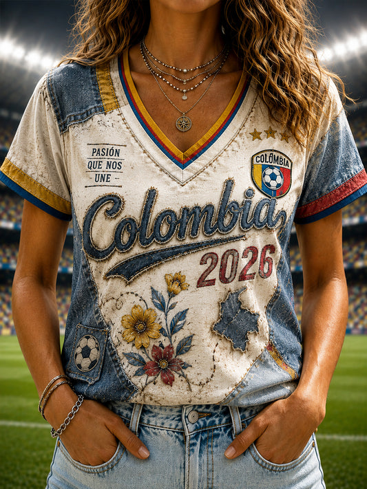 Women's Columbia Soccer Patchwork Casual V-Neck T-Shirt