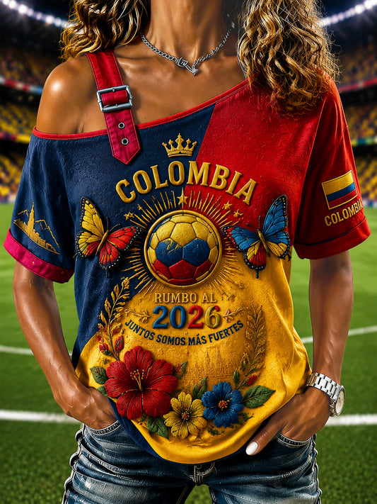 Women's Columbia Soccer Patchwork Off-the-Shoulder Casual T-Shirt