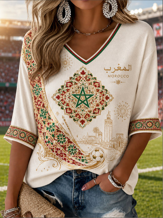 Women's Moroccan Football Fan Casual Printed V-Neck T-Shirt