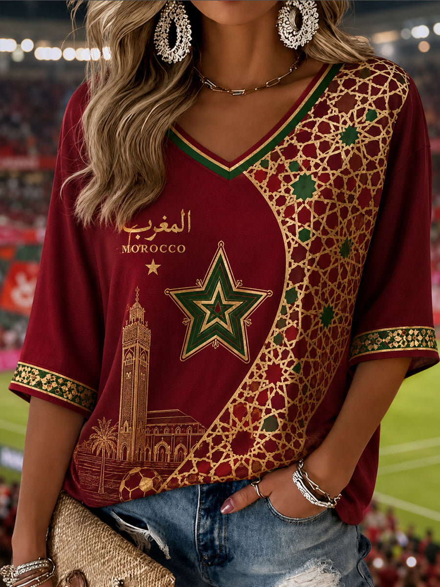 Women's Moroccan Football Fan Casual Printed V-Neck T-Shirt