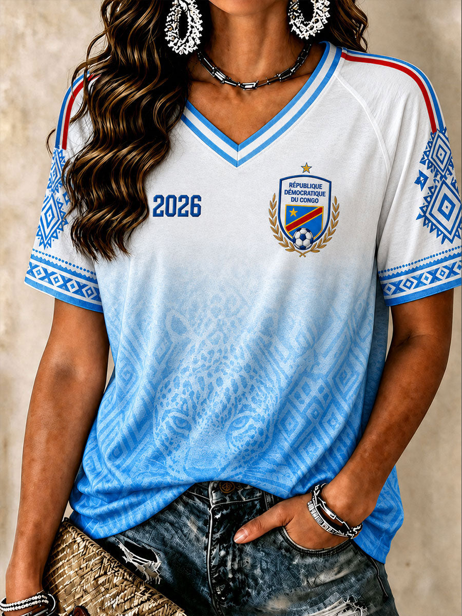 Women's 2026 Democratic Republic of Congo Football V-Neck T-Shirts