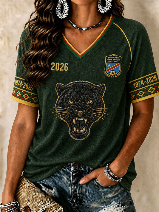 Women's 2026 Democratic Republic of Congo Football V-Neck T-Shirts