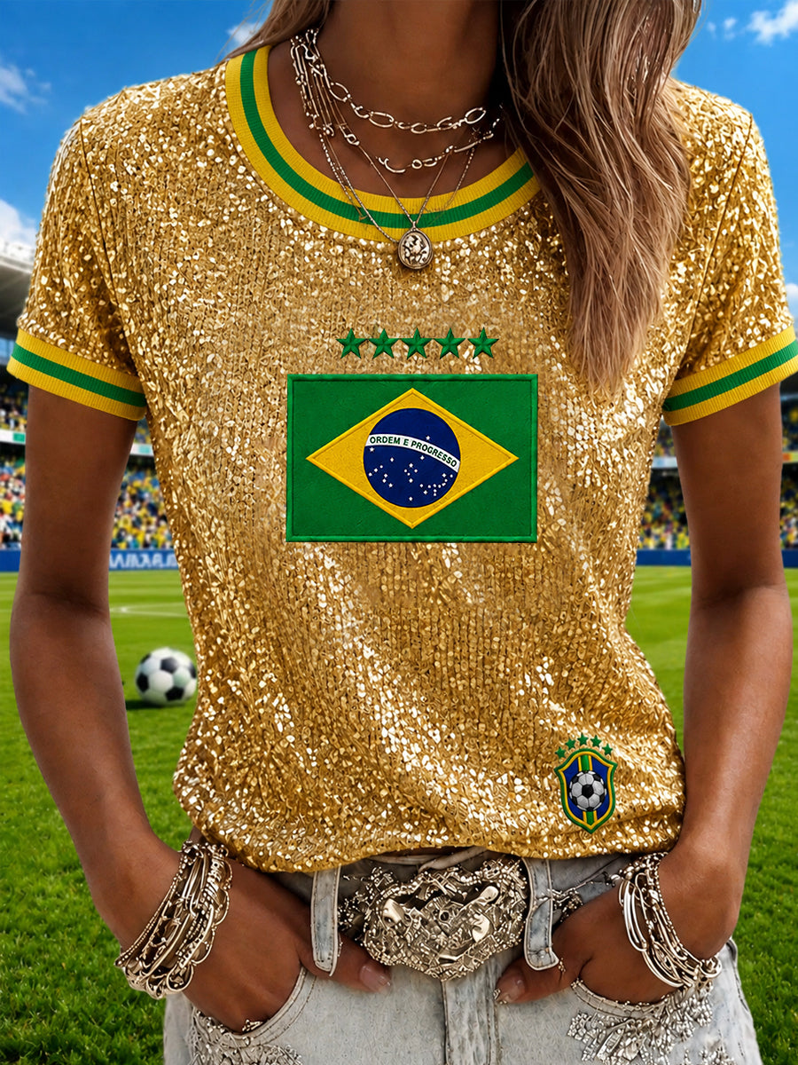 Women's Brazil Football Fan Gift Printed Casual Short Sleeve T-shirt