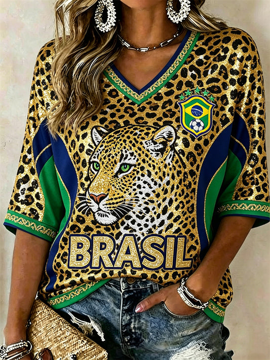 Women's Brasil Football Leopard Flag Colorblock Glitter Print Mid-length Sleeves V-Neck T-Shirt