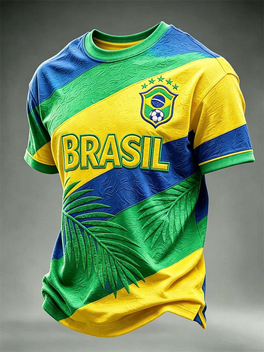 Men's Brasil Football Leaves Flag Colorblock Print short sleeves t-shirt