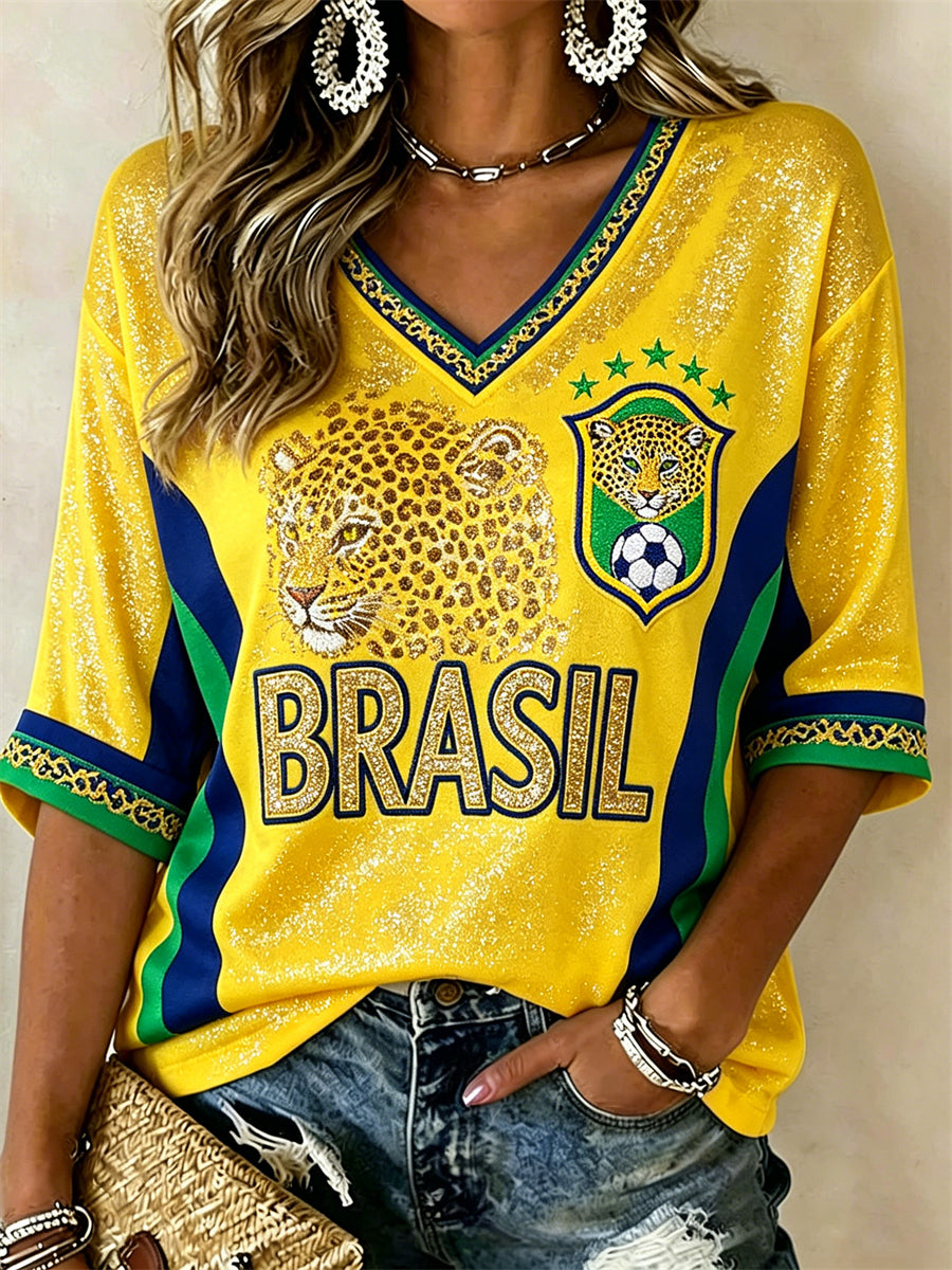 Women's Brasil Football Leopard Flag Colorblock Glitter Print Mid-length Sleeves V-Neck T-Shirt