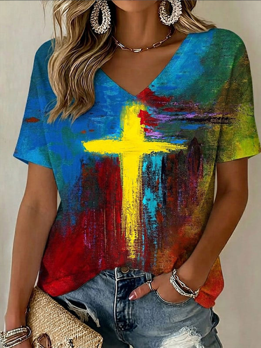 Women's Oil Painting Of A Cross Short-sleeved T-shirt