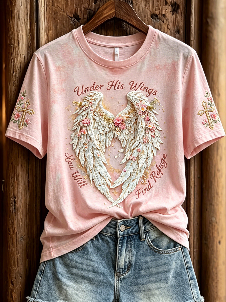 Women's Under His Wings You Will Find Refuge Floral Wings & Cross Print short-sleeved T-shirt