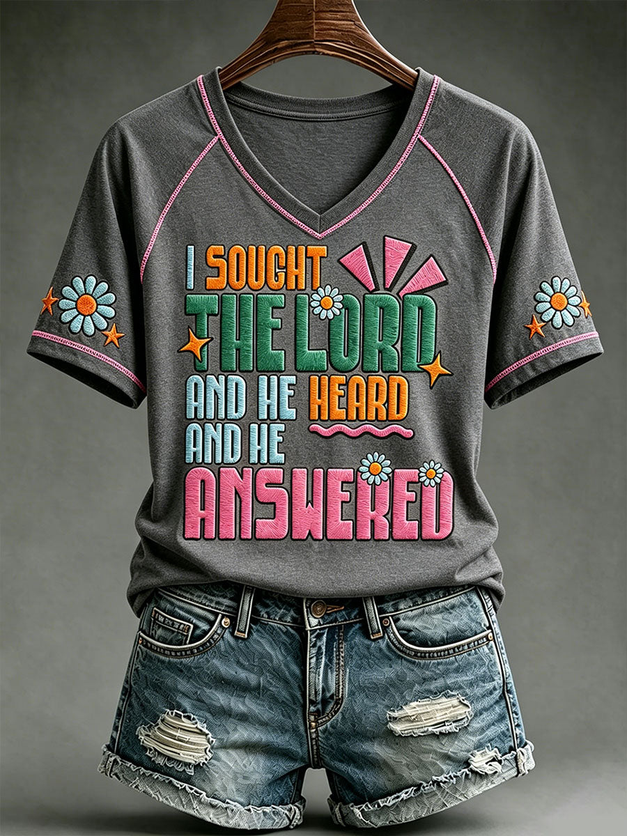 Women's "I sought the lord and he heard and he answered" V-neck T-shirts