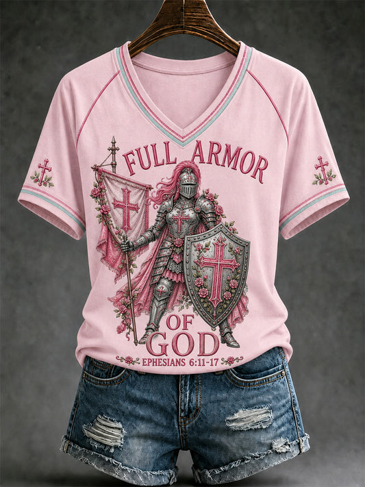 Women's Christian Full Armor Of God Print Casual V-Neck Tee
