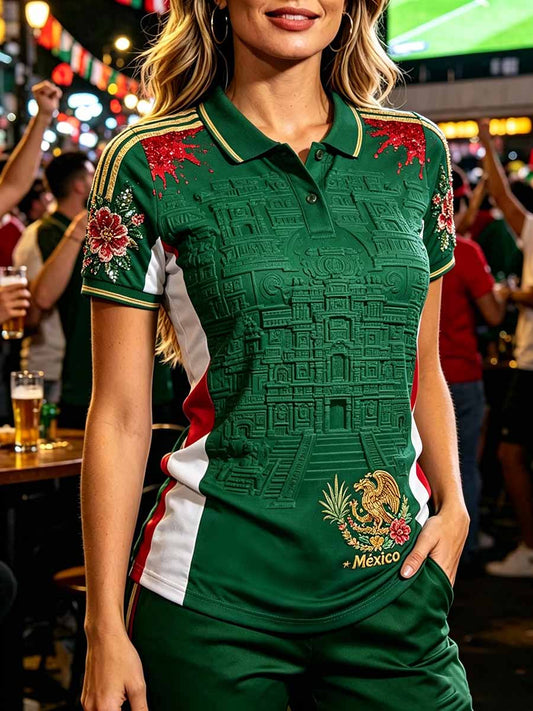 Women's Mexican Football Print Polo Shirt