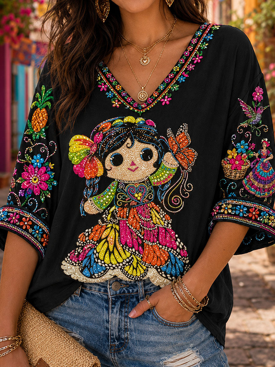 Women's Mexico Guelaguetza Lele Doll Art Printed Linen T-shirt