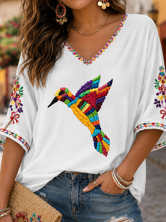 Women's Guelaguetza Mexico Art Printed Linen Tops