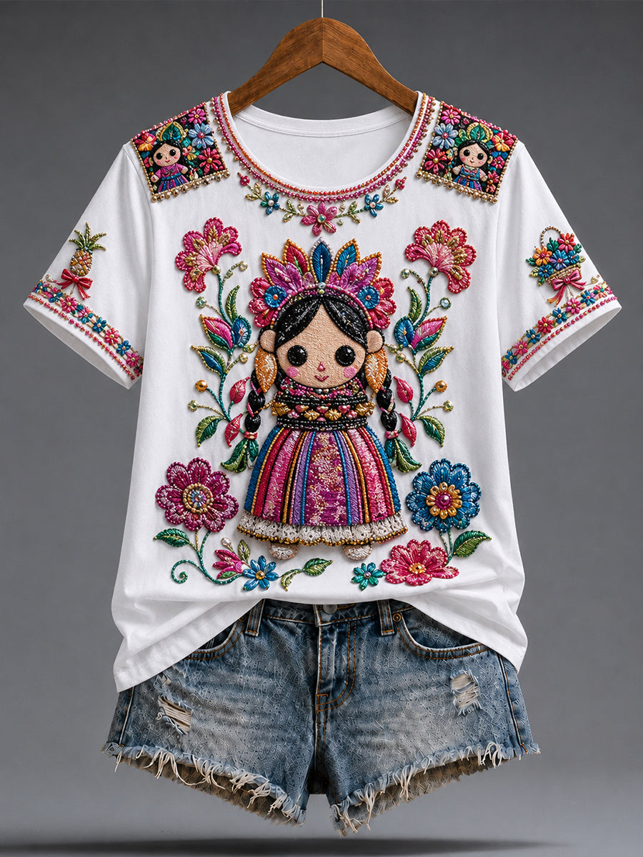 Women's Mexico Guelaguetza Lele Doll Art Printed T-shirt