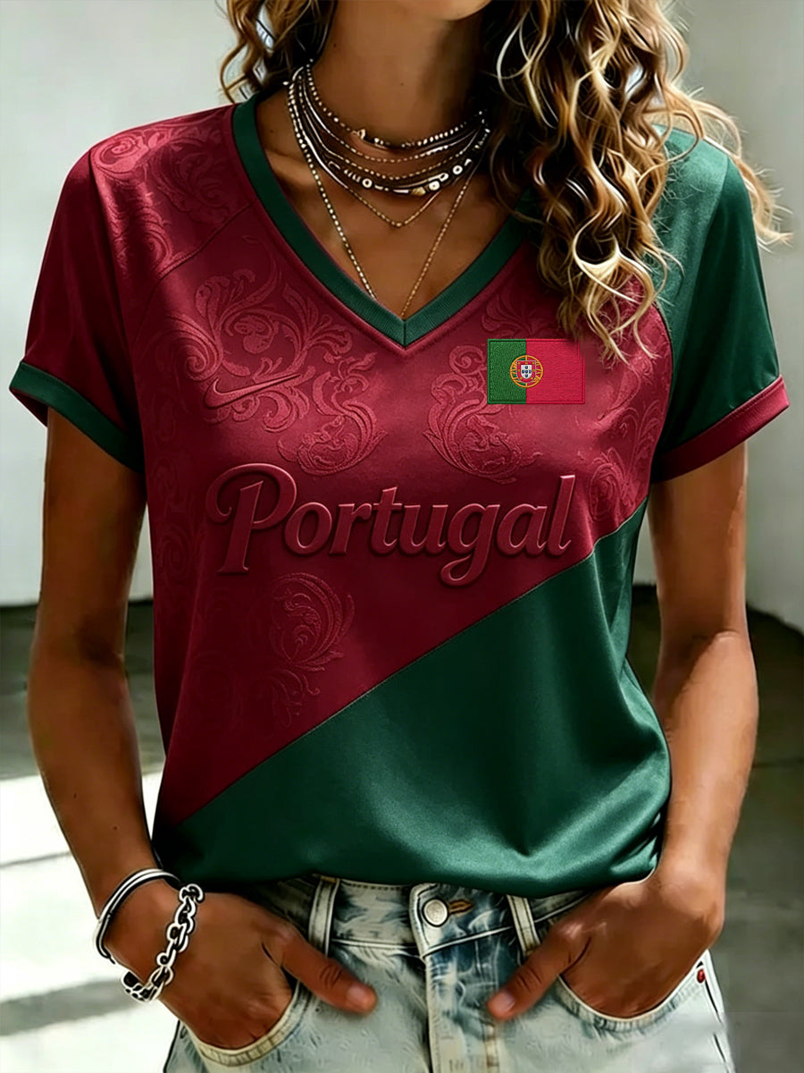 Women's Portuguese Football Printed V-neck T-shirt