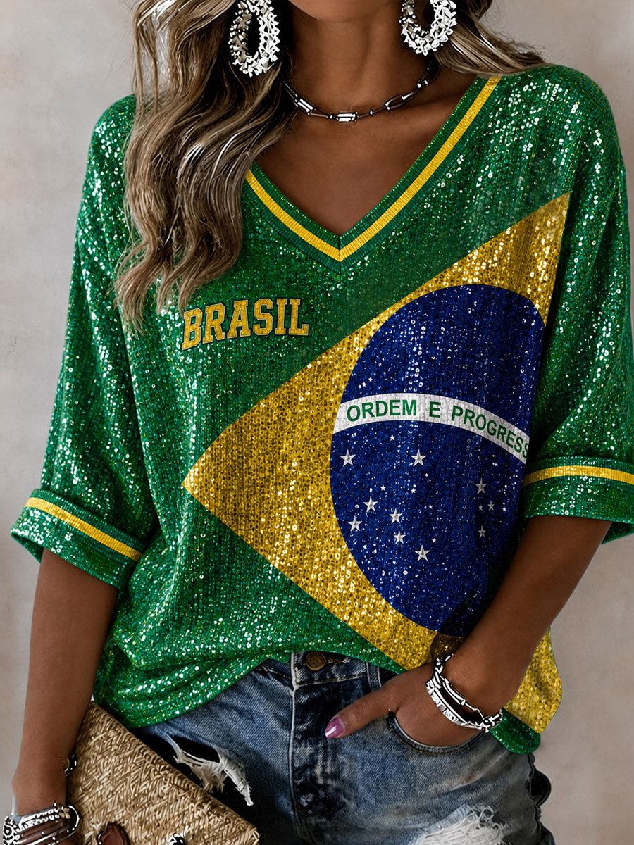 Women's Brazil Football Fan Gift Art Mid-length Sleeves V-Neck T-Shirt