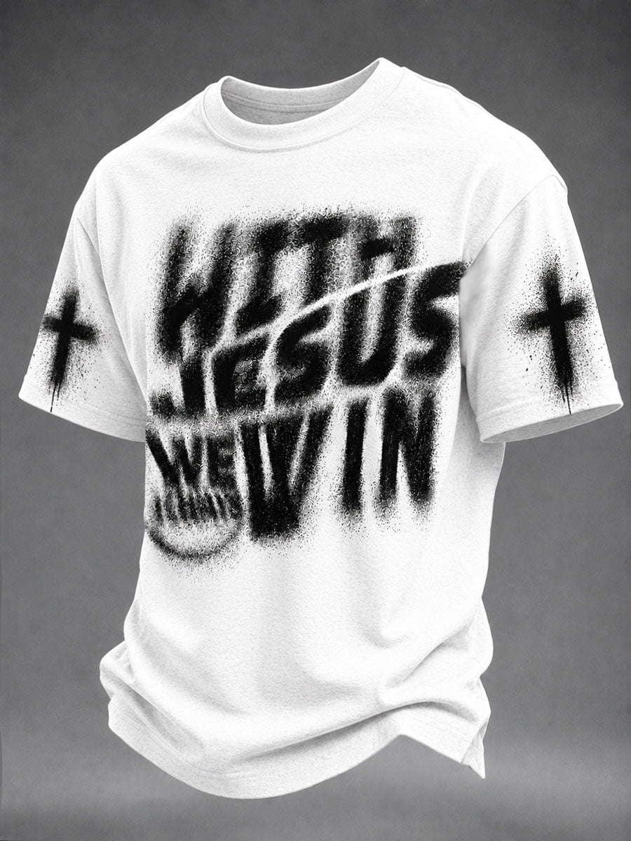 Men's“With Jesus We Always Win” Faith Print Casual Unisex T-shirt