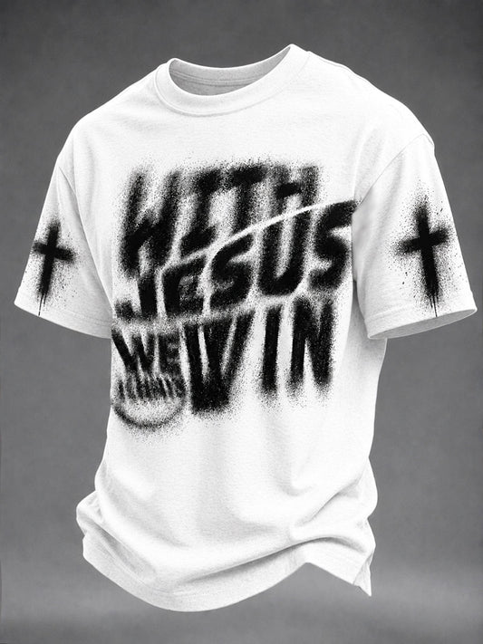 Men's“With Jesus We Always Win” Faith Print Casual Unisex T-shirt