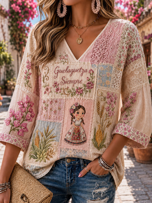 Women's Mexican Gala Gaelagacha Festival Element Art Print V-Neck Top
