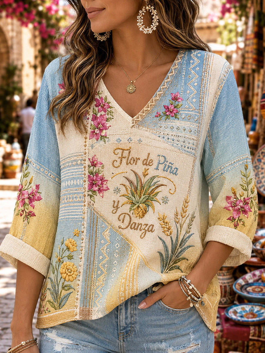 Women's Mexican Gala Gaelagacha Festival Element Art Print V-Neck Top
