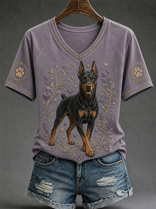 Women's Retro Dog Print Casual V-Neck Tee