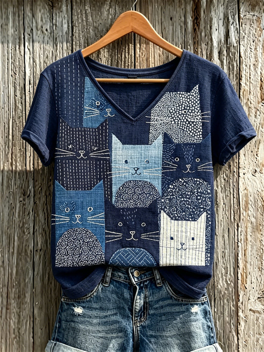 Women's Cats Patchwork Japanese Sashiko Art Print linen short-sleeved T-shirt