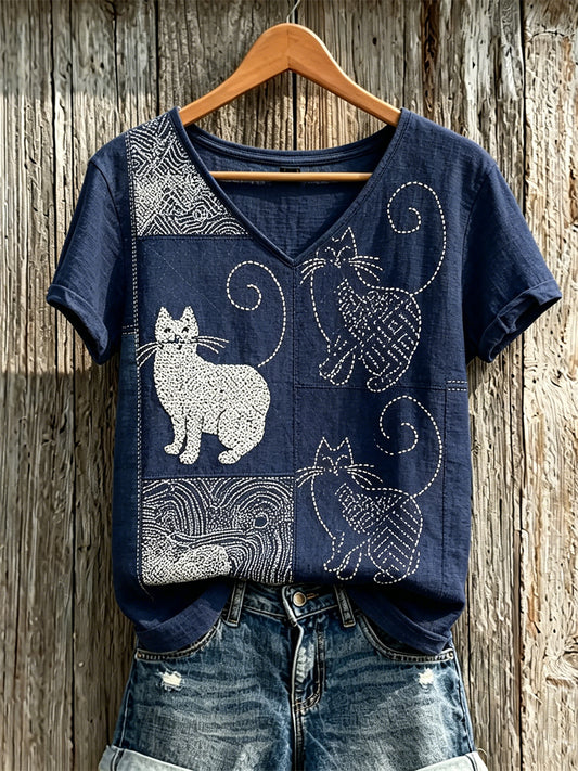 Women's Cats Japanese Sashiko Art Print linen short-sleeved T-shirt
