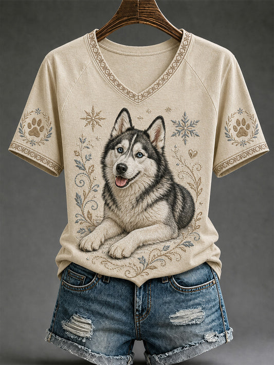 Women's Retro Dog Print Casual V-Neck Tee