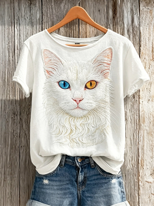 Women's Classy Heterochromia White Cat Print short-sleeved T-shirt