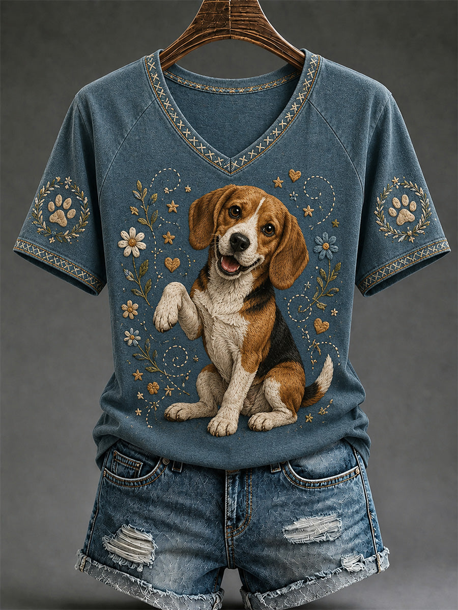 Women's Retro Dog Print Casual V-Neck Tee